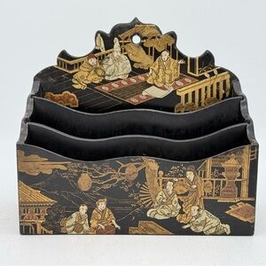 Vintage Japanese Black Lacquer Papier Mâché Letter Holder | 3 Section Rack